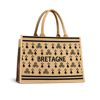 Jutetasche 50x35x22 cm mit Aufschrift „Bretagne“ und Triskele auf weißem Hintergrund
